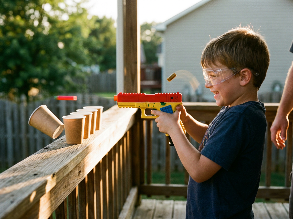 Goggles on, a casing ejects mid-shot as a soft dart tips a paper cup on the porch railing