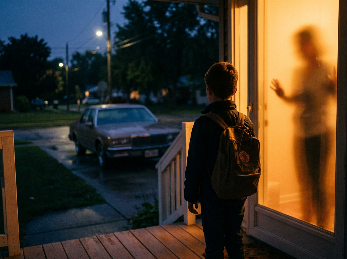 A boy with a backpack on a friend's front porch as the door opens