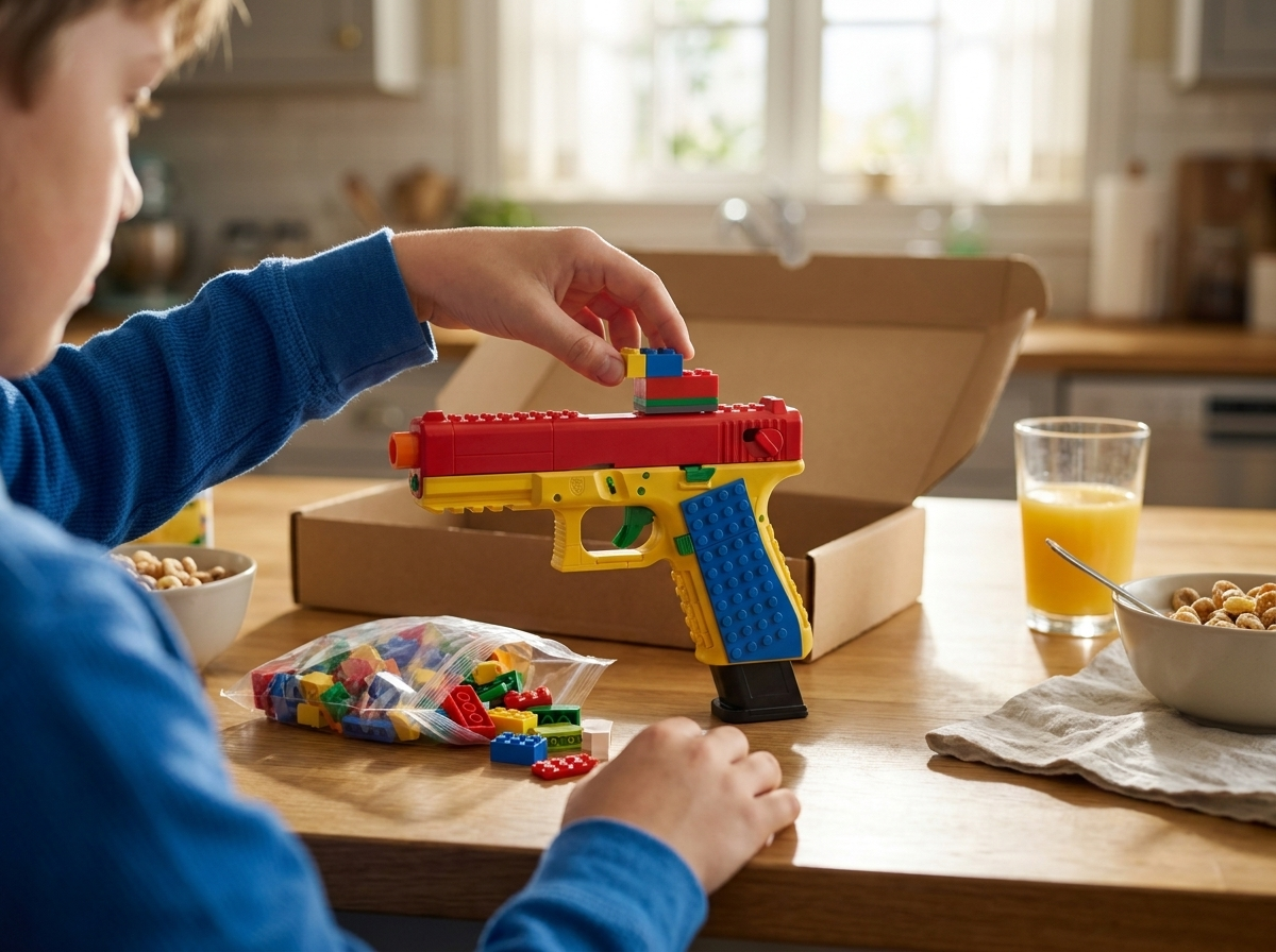 Fully built out of the box — a boy presses a block-built sight onto the studded slide