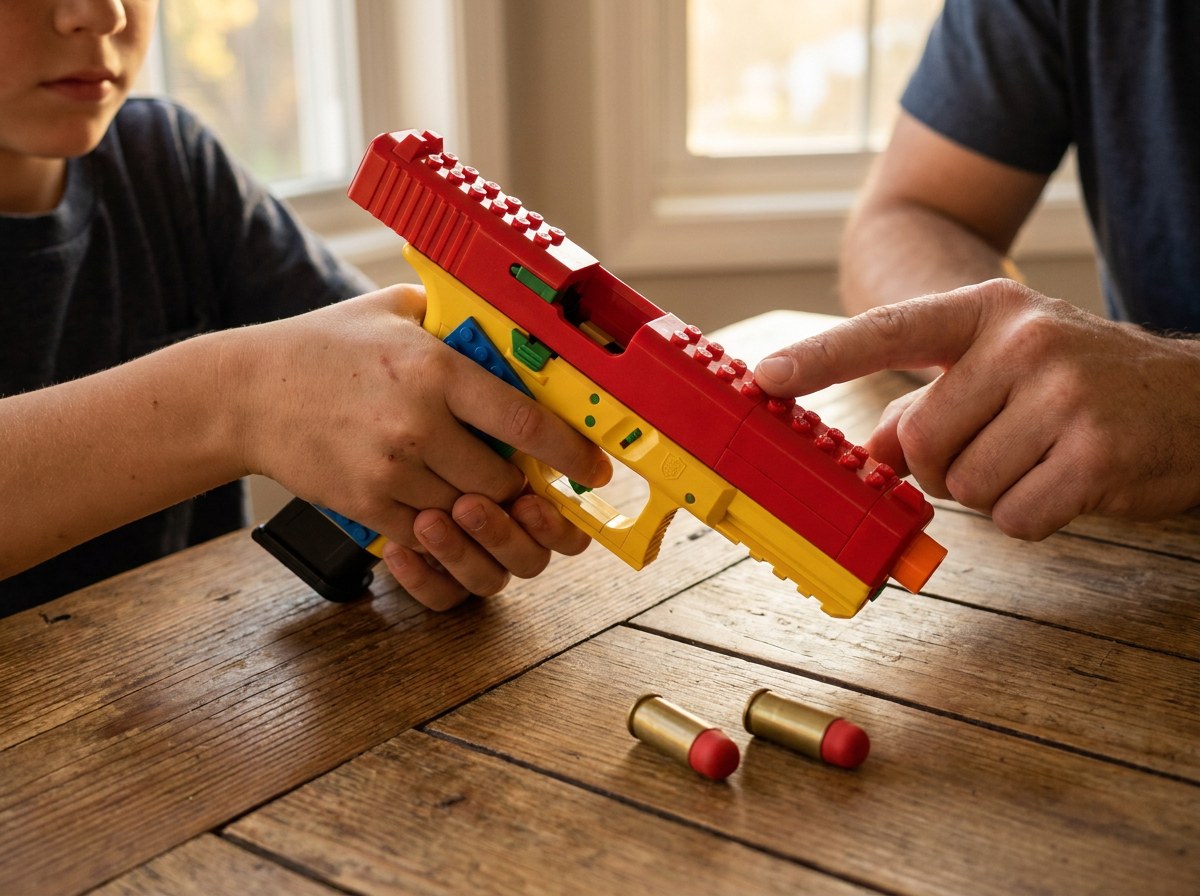 A boy rehearses the safe grip with the slide locked open, finger off the trigger