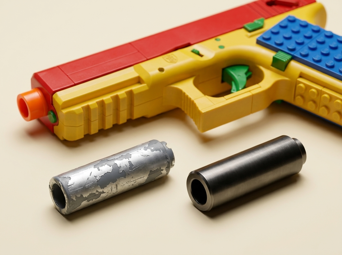 A chipped painted-plastic barrel beside a solid metal one