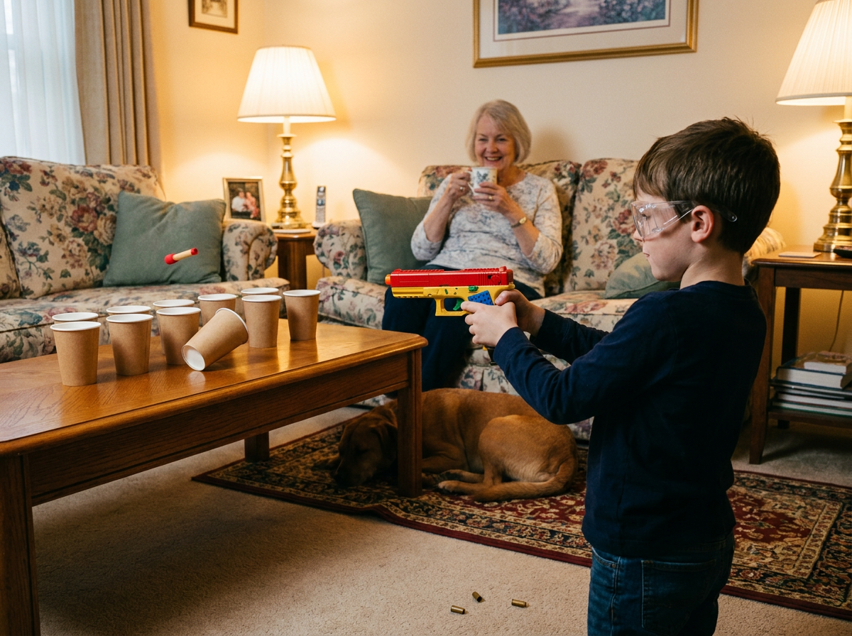 Goggles on, a soft dart bounces off the couch cushion while grandma sips her tea