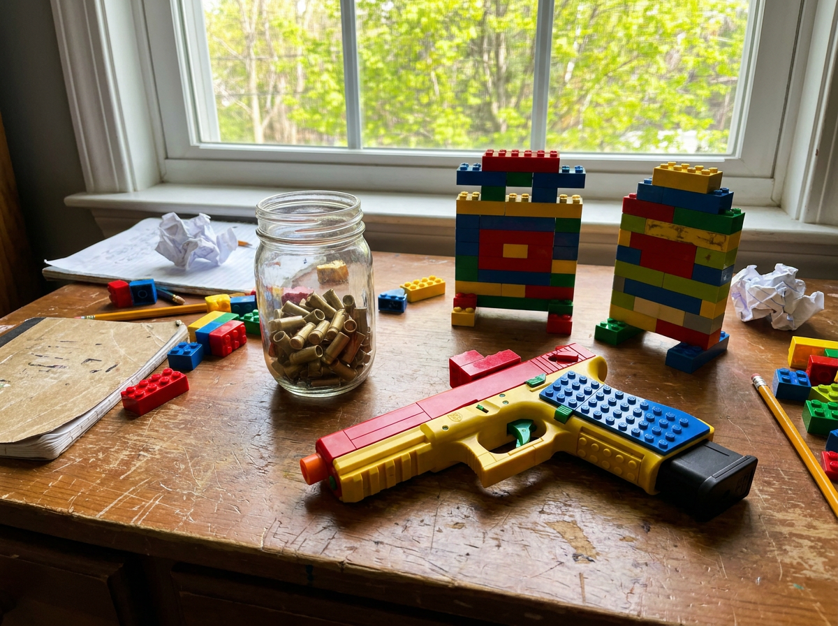 His desk in March — the trainer with a block-built sight, a jar of casings, homemade brick targets