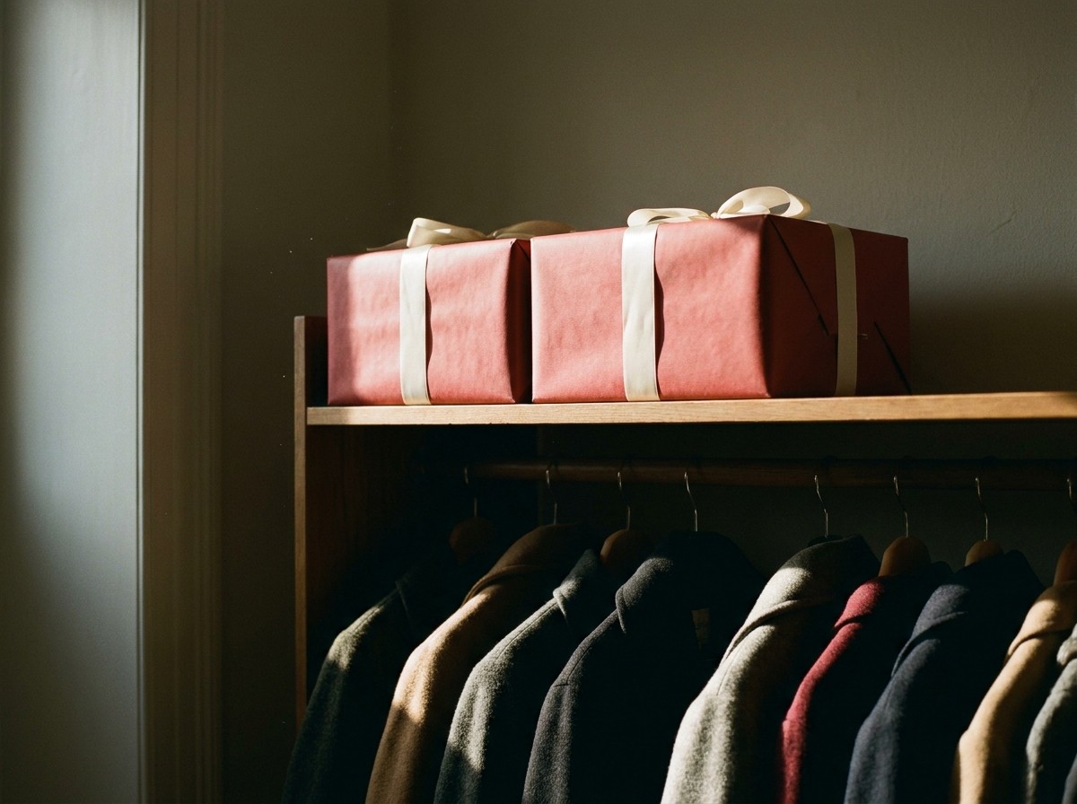 Two wrapped boxes on a closet shelf in September