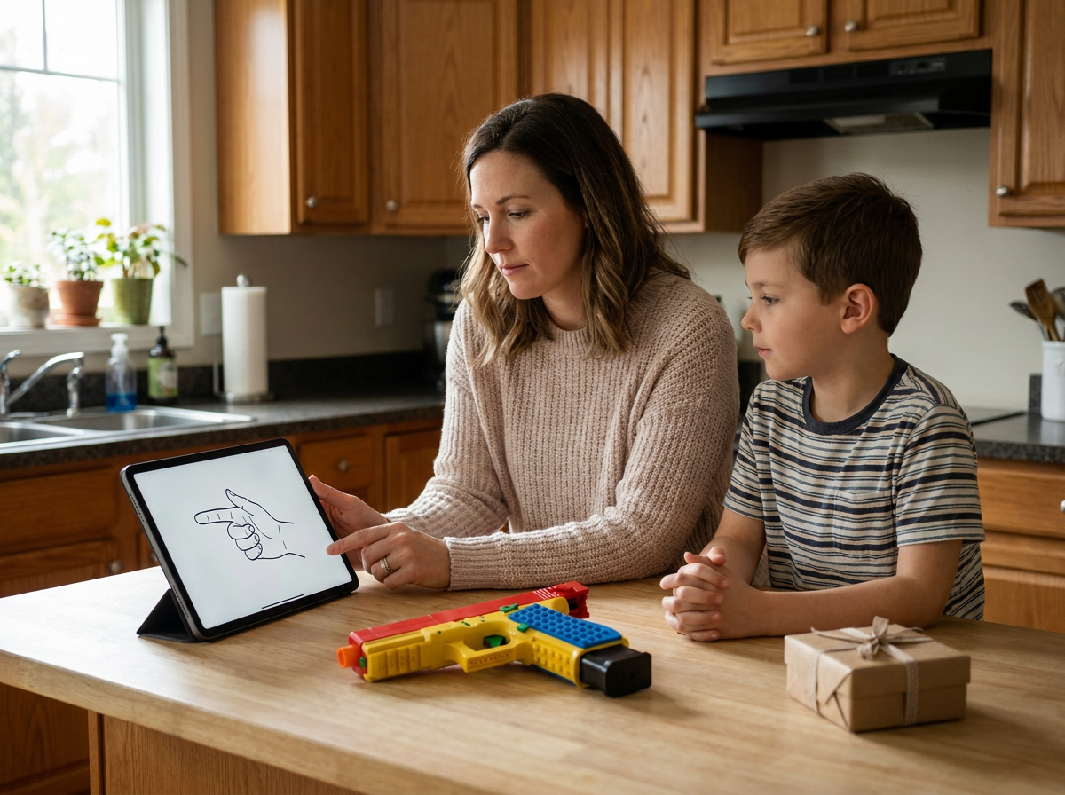 Mom reads the Safe-Handling Guide on a tablet while the trainer sits on the counter, slide locked open
