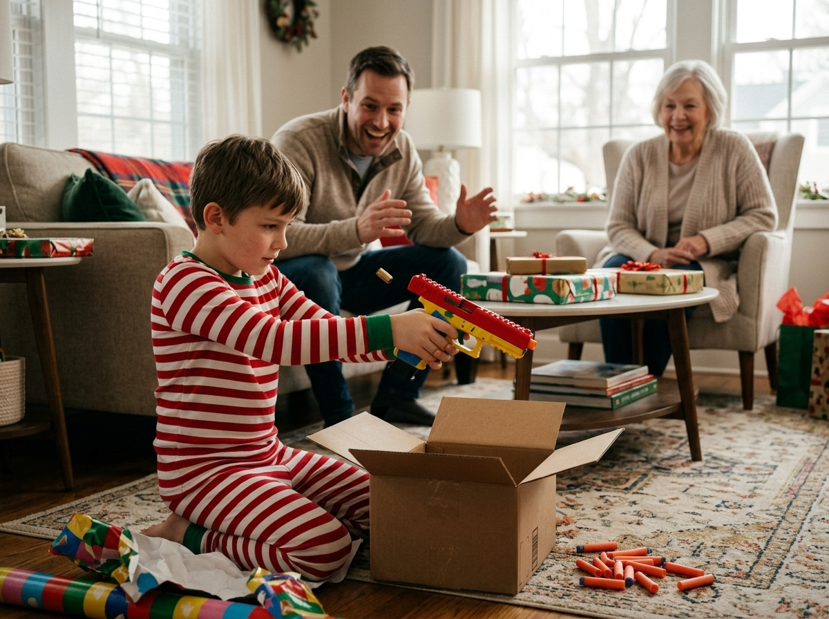 Christmas morning — he racks it once and the whole room wants a turn