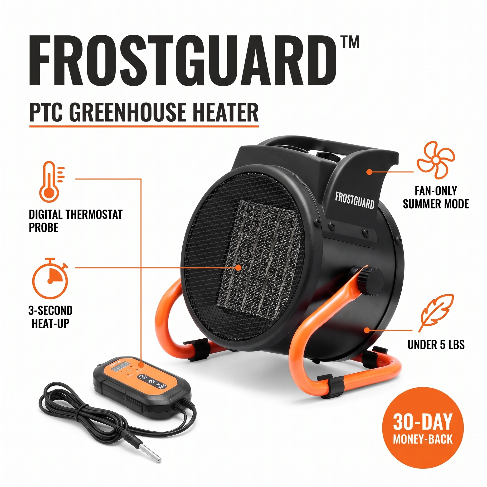 FrostGuard PTC greenhouse heater with digital thermostat