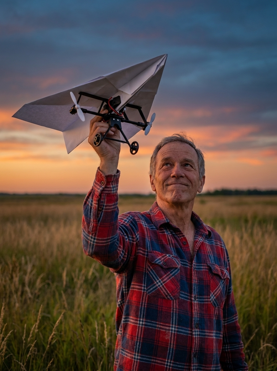 A man in his sixties in an open field at dusk, holding the plane up to launch it