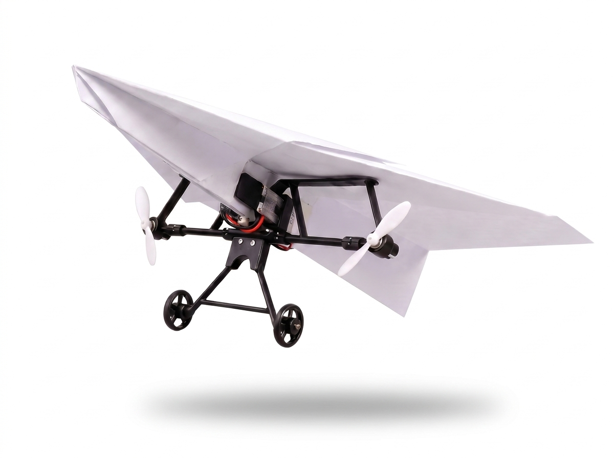 Front three-quarter view of the module under the nose: twin forward-facing props on the crossbar, landing gear below