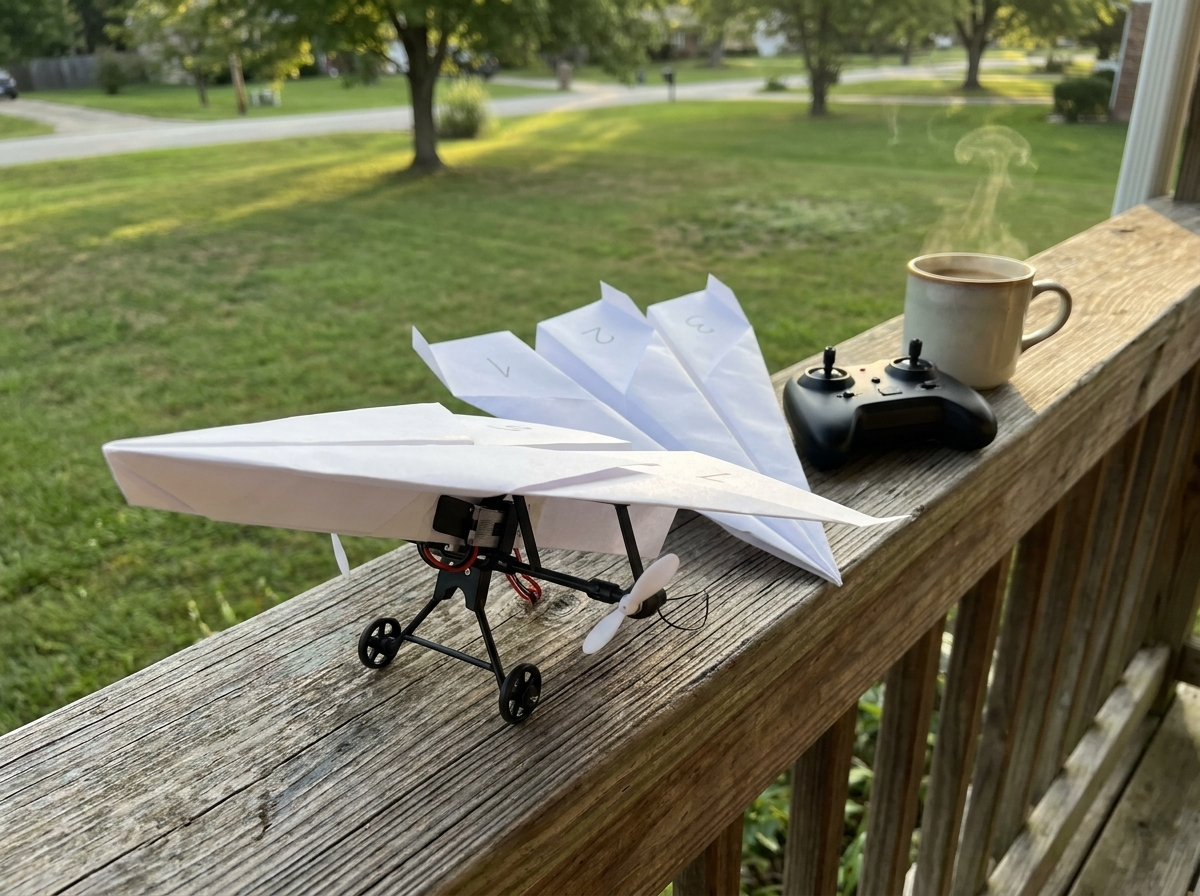 Three paper planes with pencil numbers on the wings lined up on a porch rail beside the remote and a coffee mug