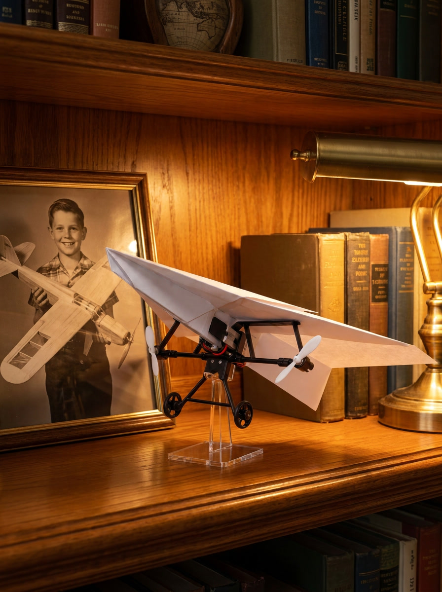 The plane on its display stand on a den bookshelf beside an old photo of a boy with a balsa model