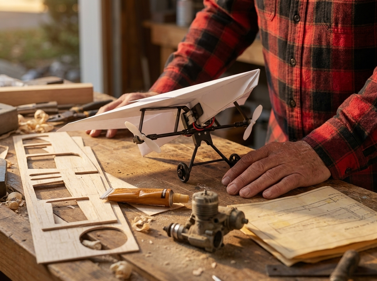 Weathered hands at a garage workbench, the PaperFlight plane on its wheels in front of an old open balsa model kit