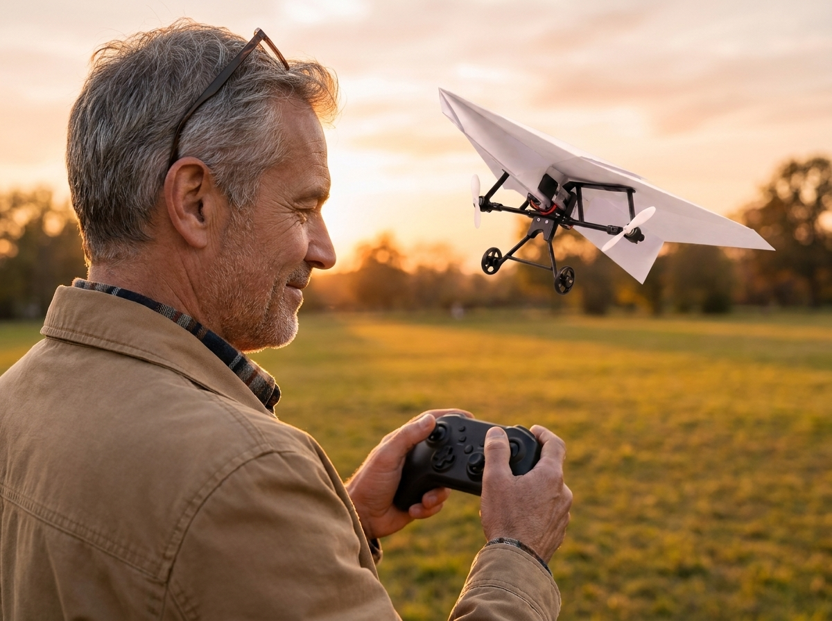 A man in his sixties with both thumbs on the two-stick remote, the plane banking in the sky behind him