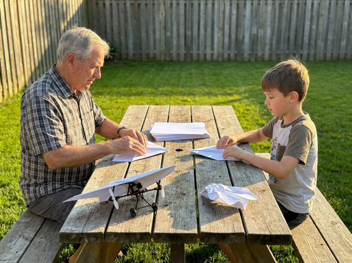 A grandfather and a boy folding paper planes at a picnic table, one finished plane with the module clipped on and a crashed one beside it