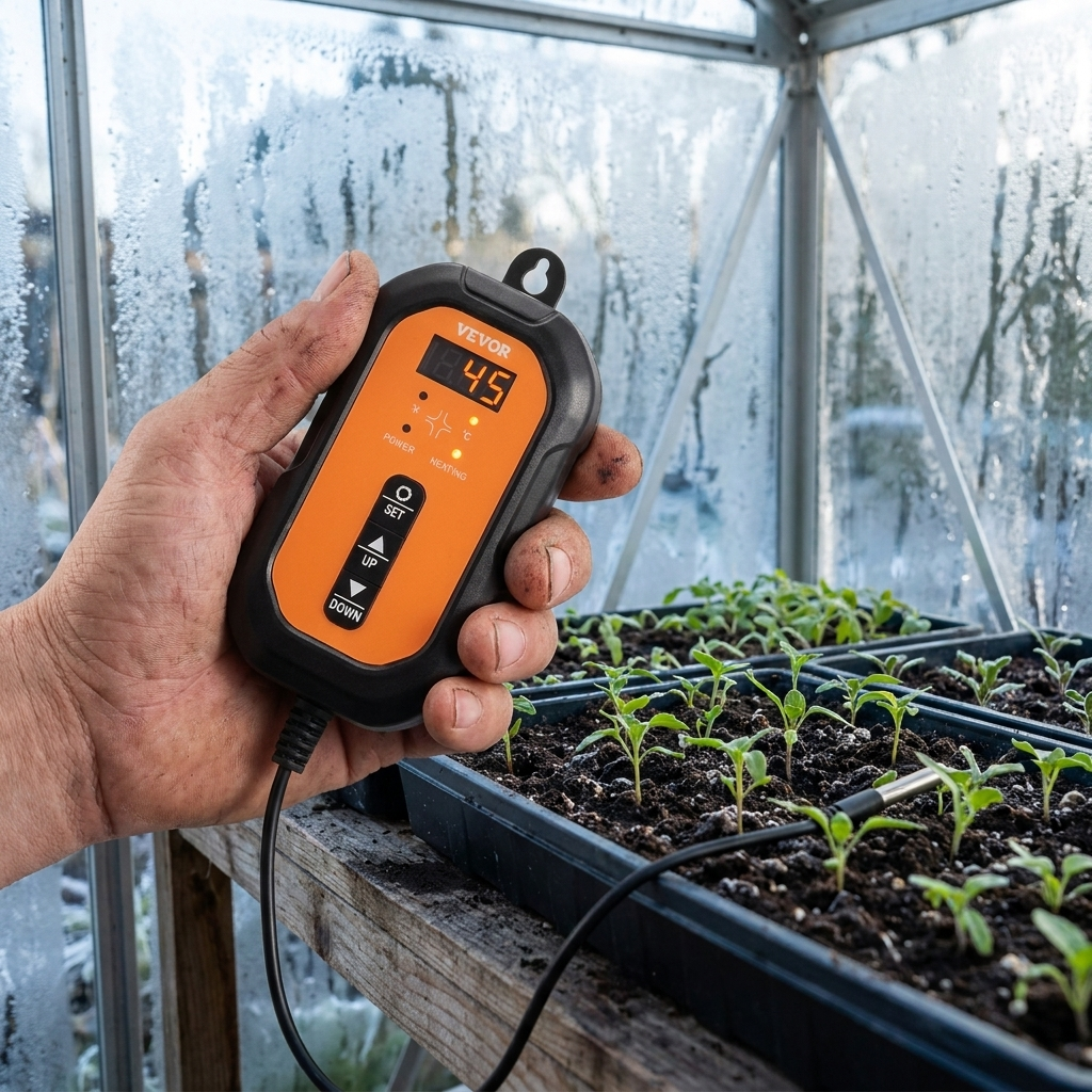 The digital thermostat controller in hand, display reading 45