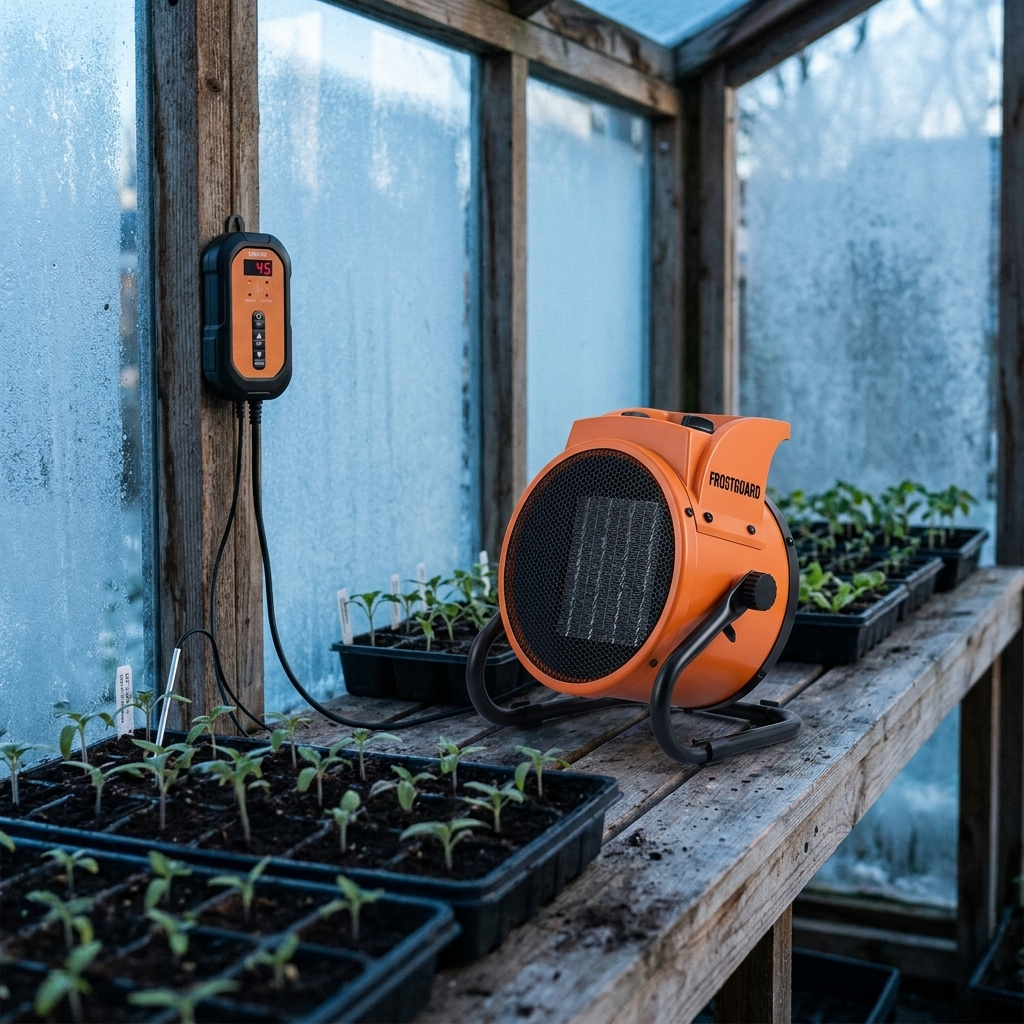 FrostGuard heater aimed at seedling trays, the thermostat on a post with its probe in the soil beside the plants