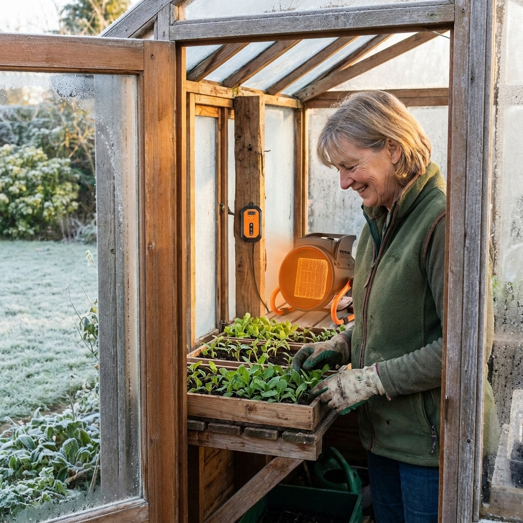 A grower at her greenhouse door on a frosty morning, seedlings still green