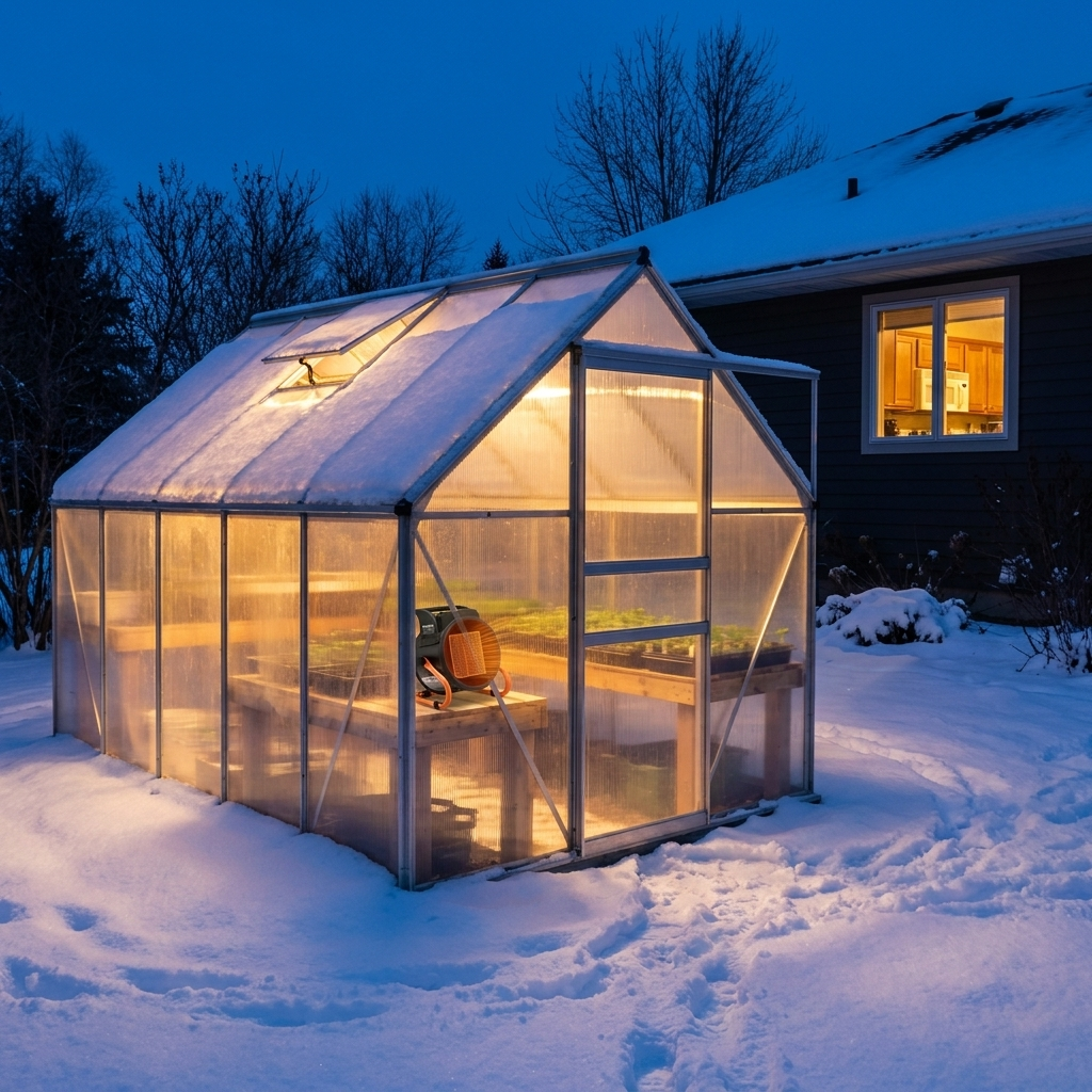 A backyard greenhouse glowing warm at dusk in the snow