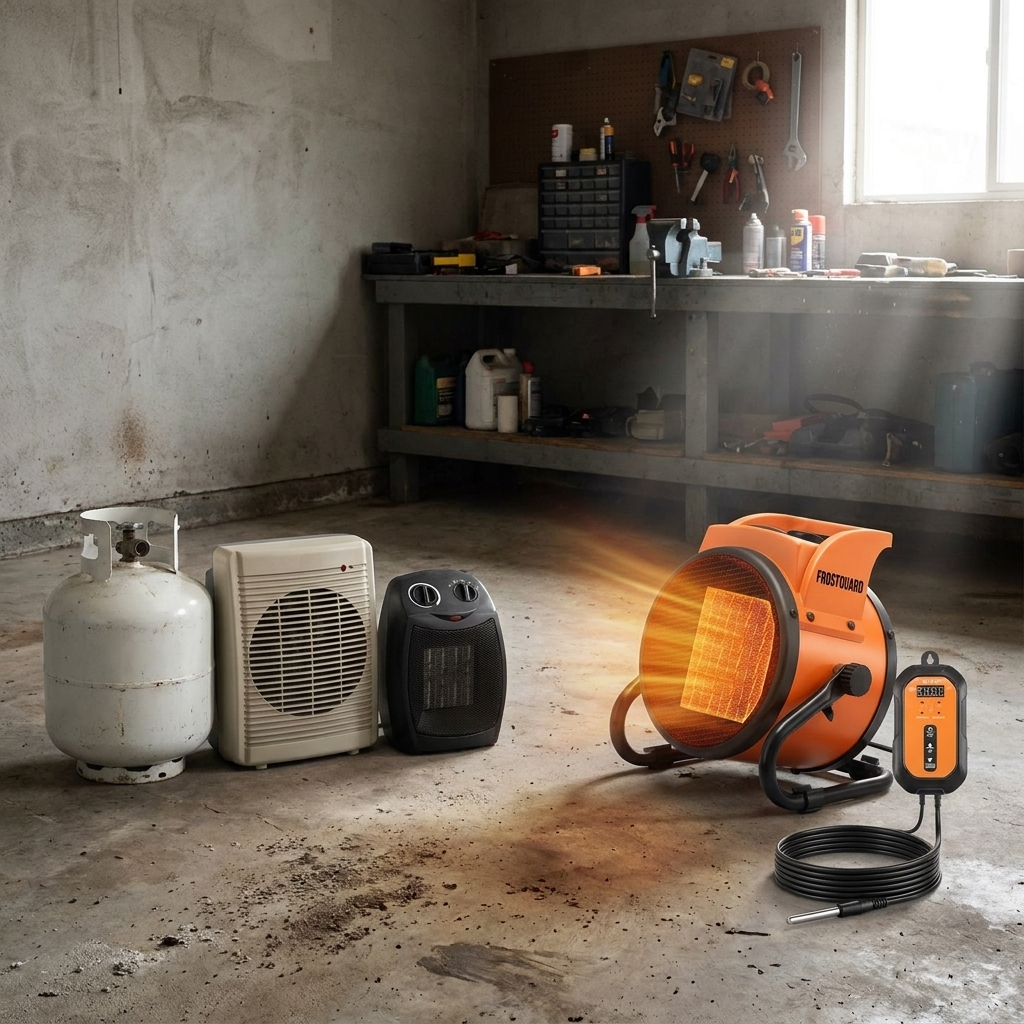 A propane tank, a hardware-store space heater and a cheap dial fan heater lined up on a garage floor, with FrostGuard and its thermostat set apart