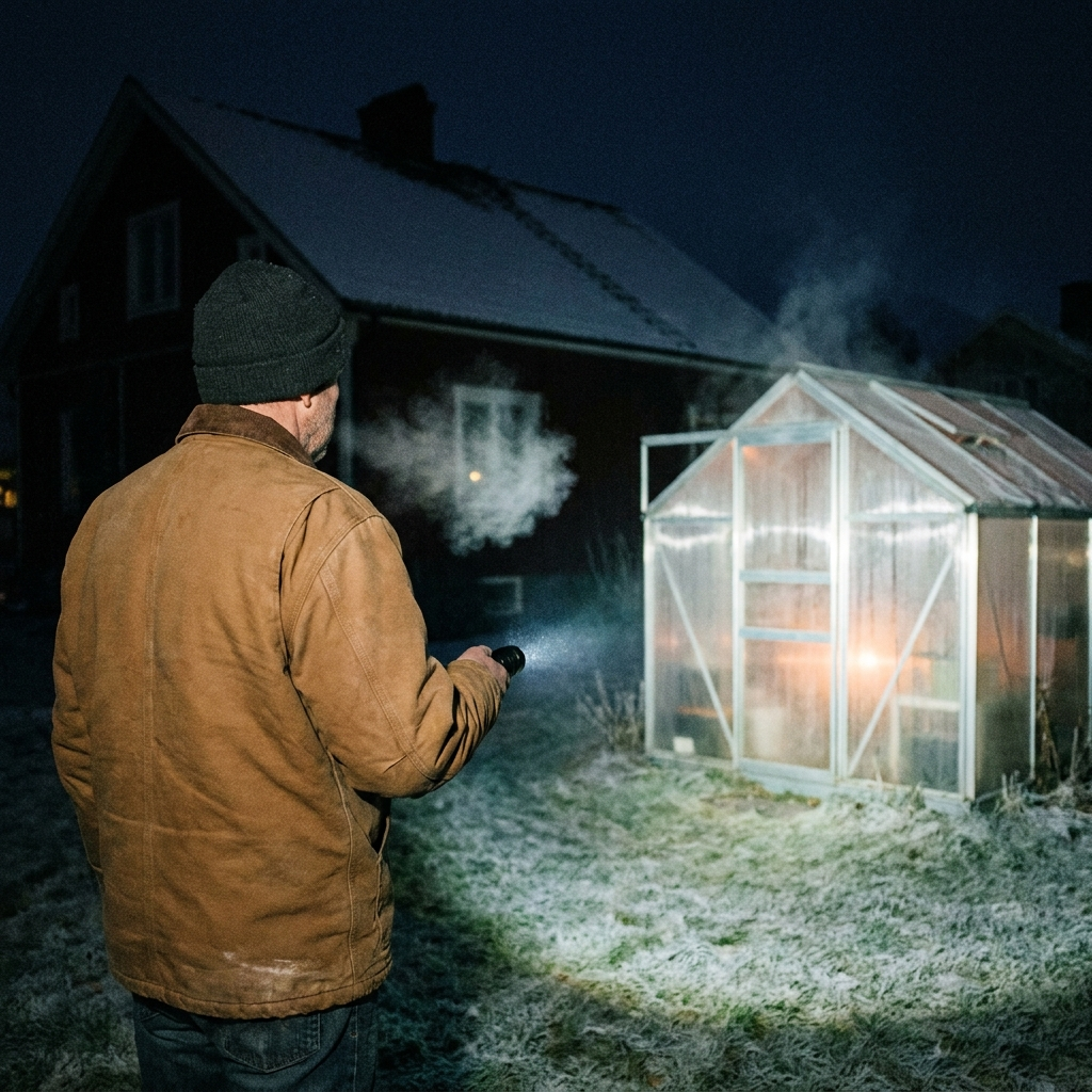 A man crossing a frosted lawn at 3am with a flashlight, headed for the greenhouse