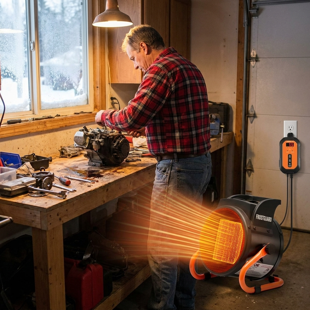 FrostGuard heater warming a garage workbench