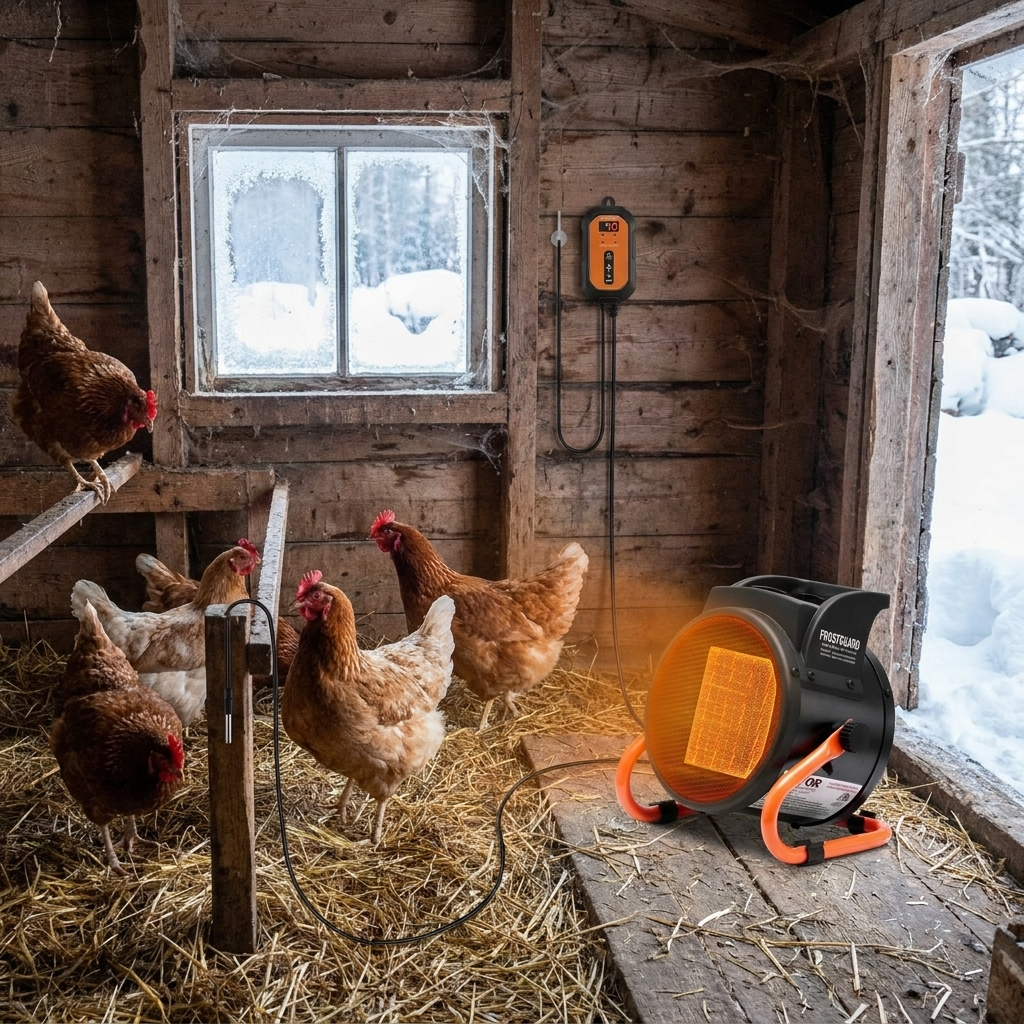 FrostGuard heater and thermostat keeping a winter chicken coop warm