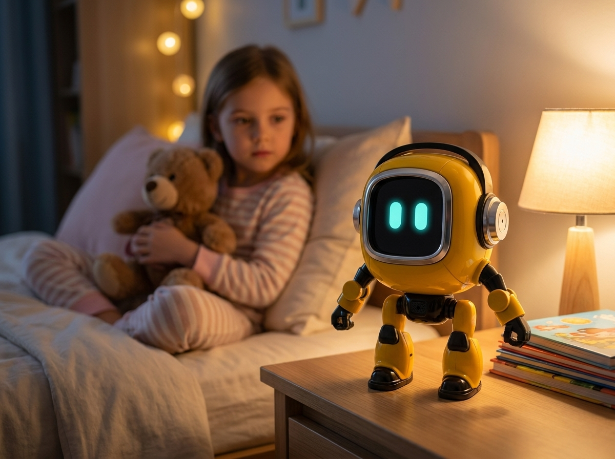 The robot on a nightstand telling a bedtime story
