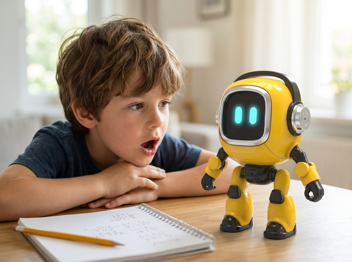 A boy leaning in to ask the robot a question at the homework table