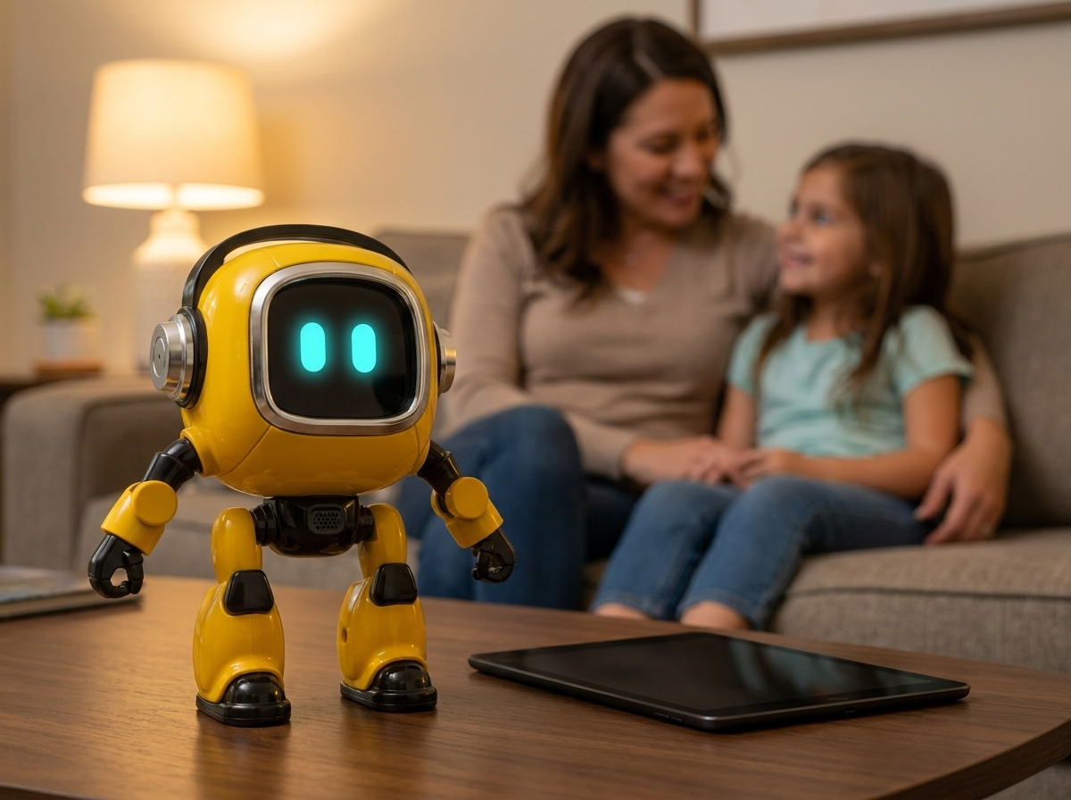 The robot on the coffee table, tablet face-down beside it