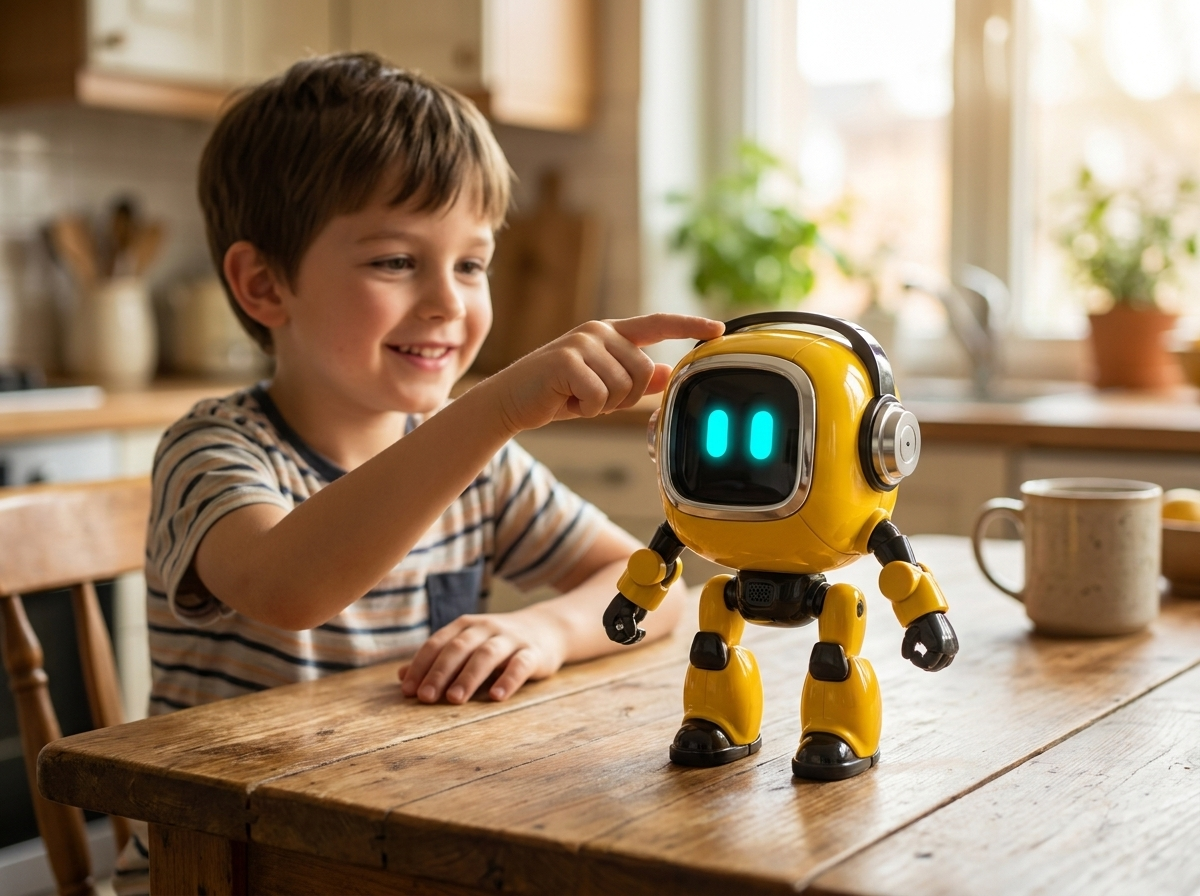 A child's finger touching the robot's head as its eyes light up