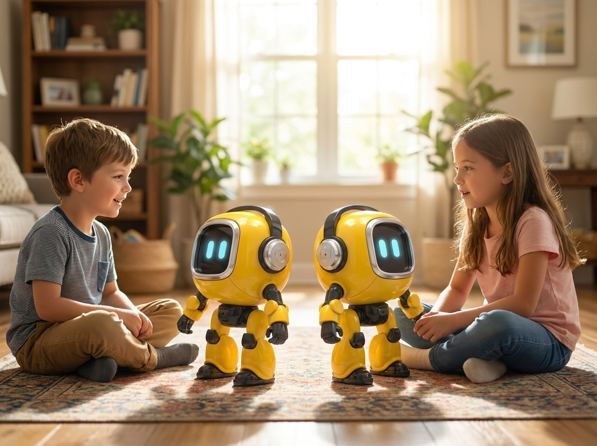 Two kids on the rug, each with their own robot