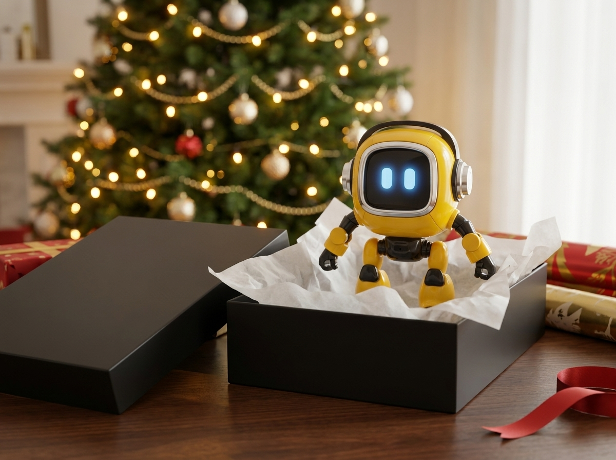 The robot standing up out of its open black gift box by the tree