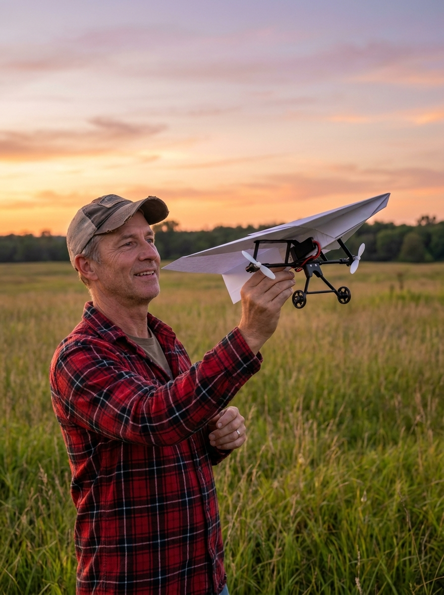 A man in his fifties at a field at dusk, about to hand-launch the plane