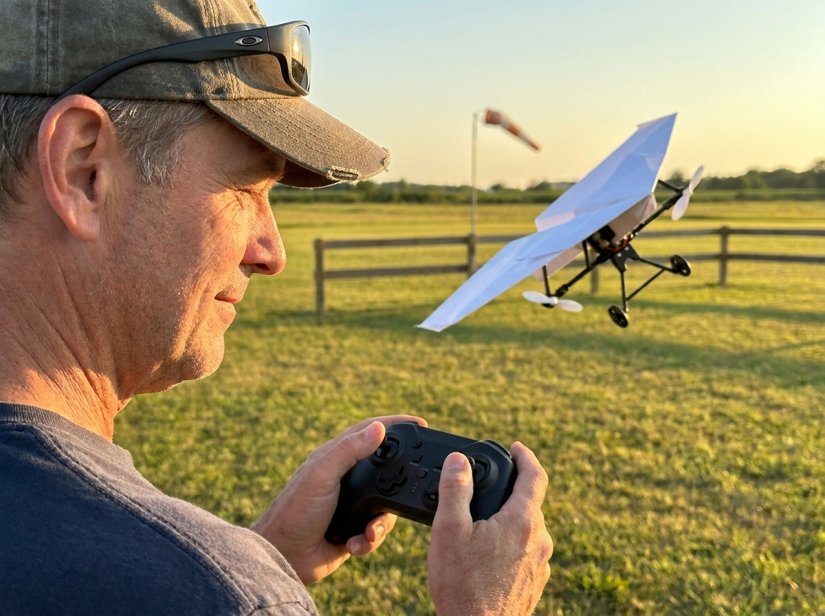 A man in his fifties at a flying field with both thumbs on the two-stick remote, the plane banking beyond him