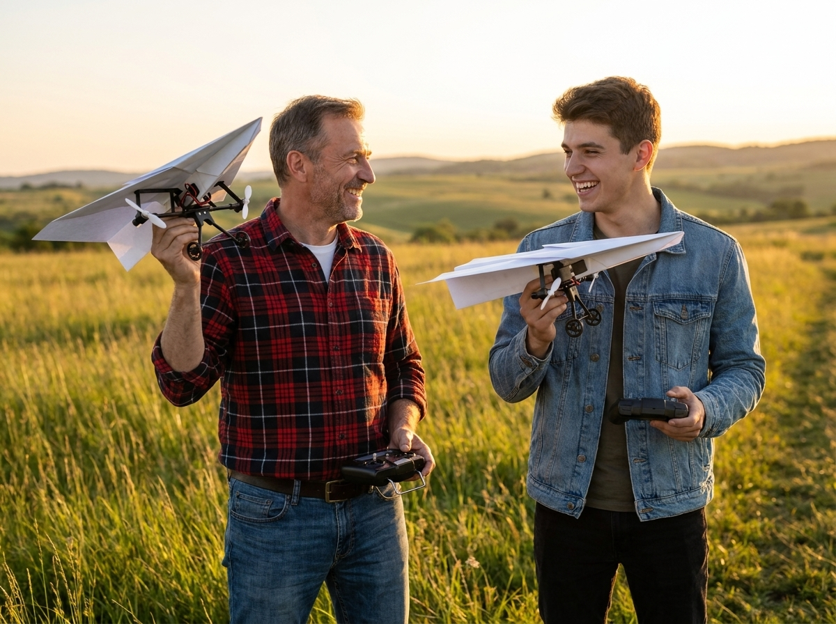 Two men at the edge of a field at golden hour, each holding a plane, two remotes