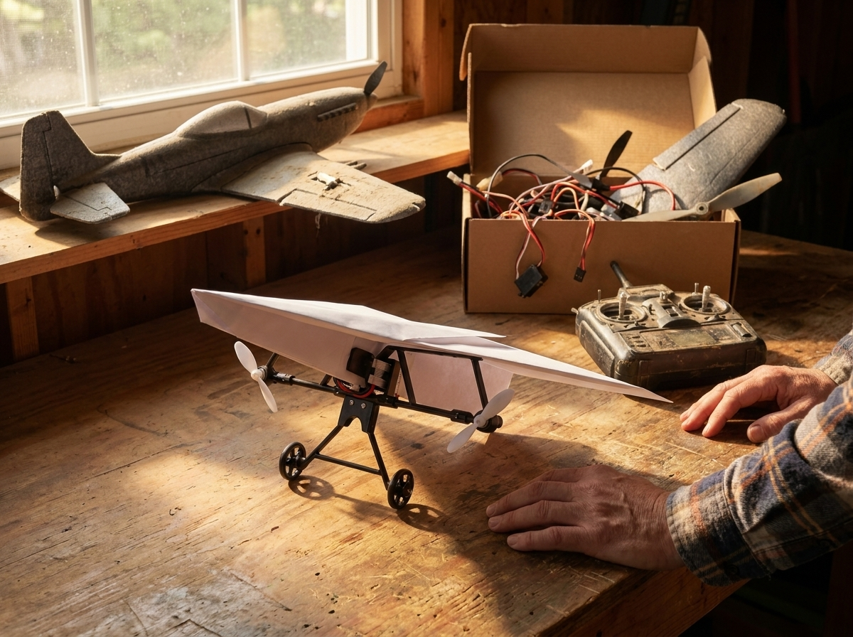 A garage workbench: the PaperFlight plane on its wheels in front of a dusty foam warbird with a snapped wing and a box of spare parts