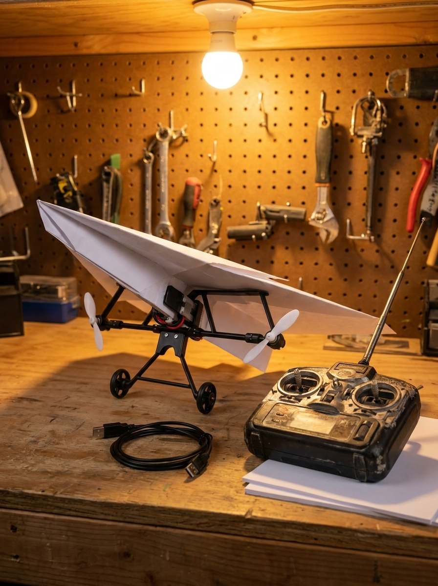 The plane on the workbench beside an old two-stick transmitter