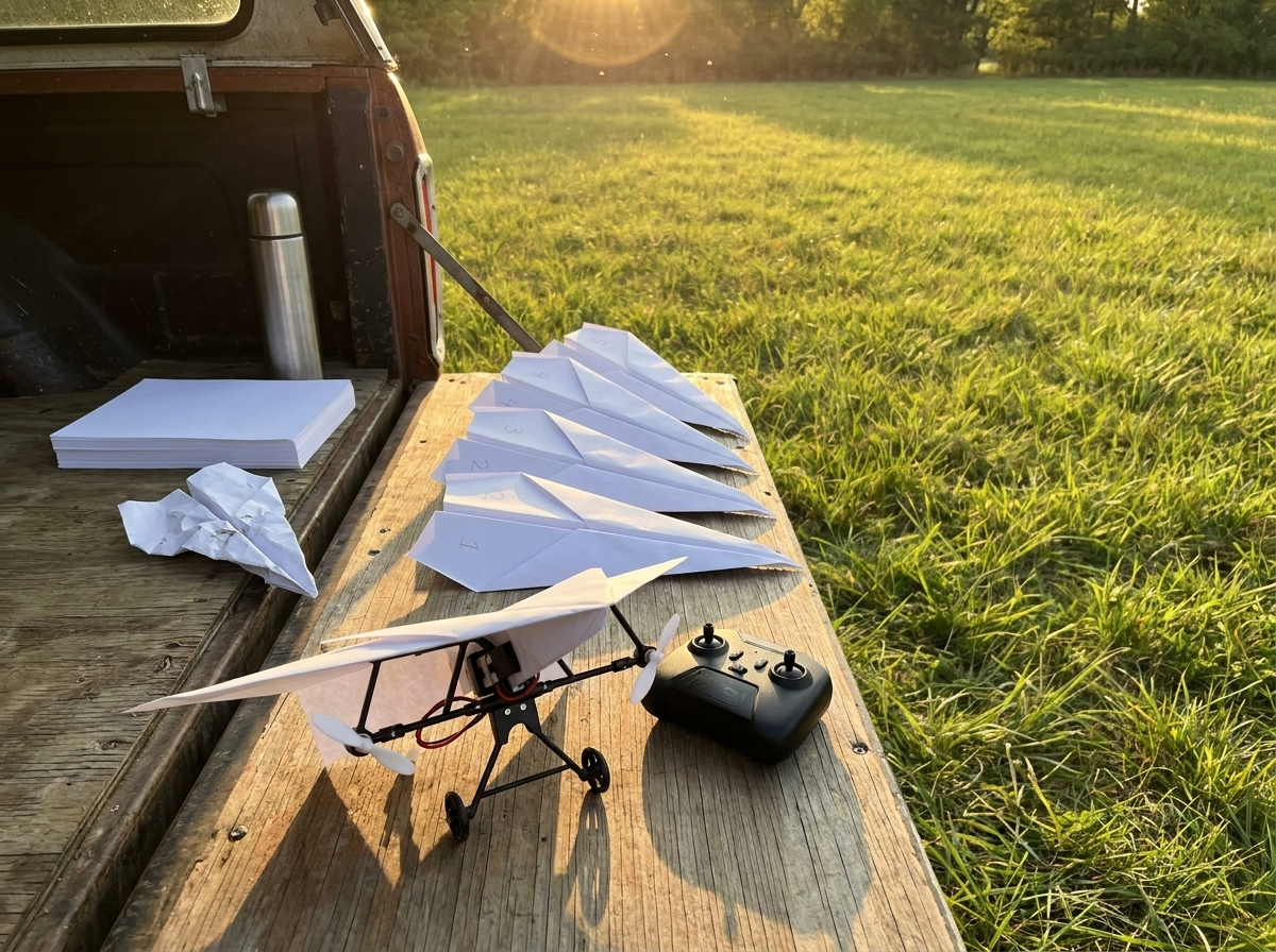 A pickup tailgate at the field: five numbered paper planes, one crashed, a stack of printer paper, the remote
