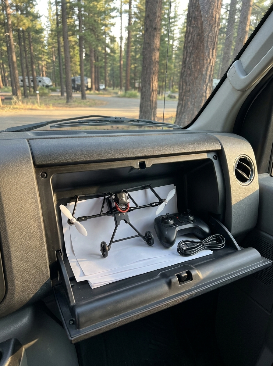 The whole kit stowed in an open motorhome glovebox