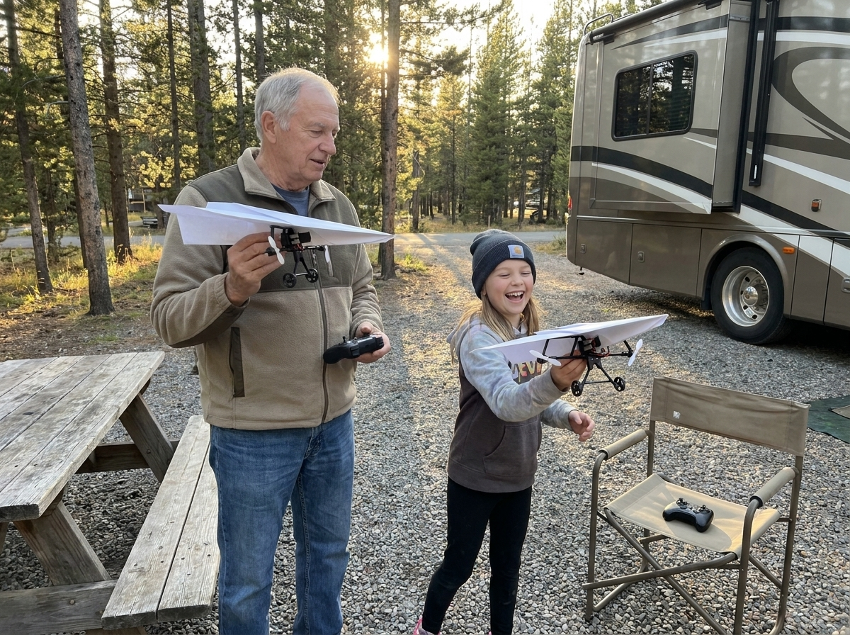 A grandfather and his granddaughter each holding their own plane beside the motorhome, a second remote on the camp chair