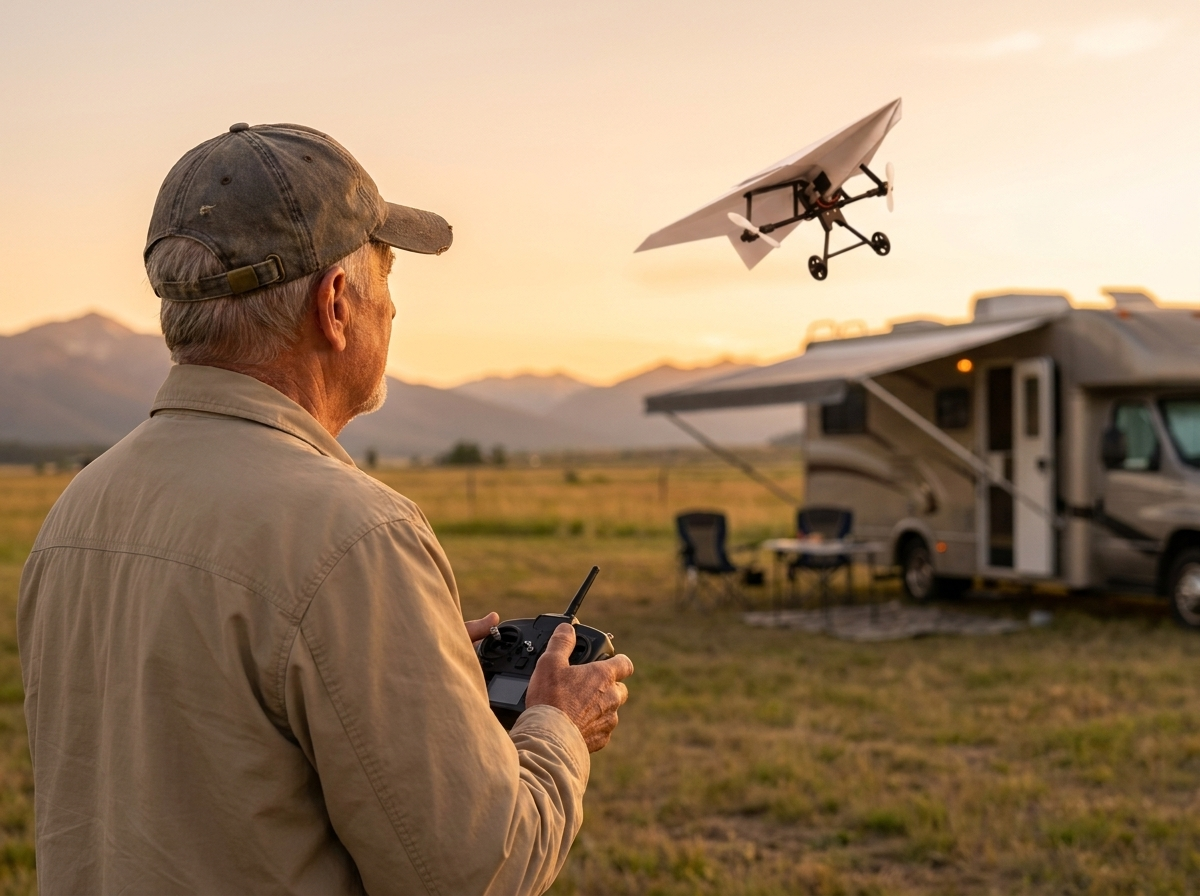 A man in a ball cap with both thumbs on the two-stick remote, the plane banking over the campground meadow, his motorhome behind him