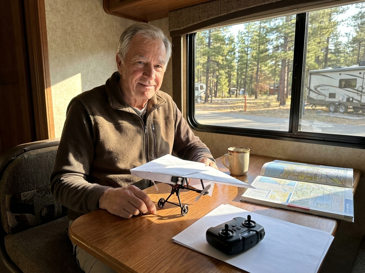 A man in his late sixties at the motorhome dinette with the plane and remote on the table, a campground out the window
