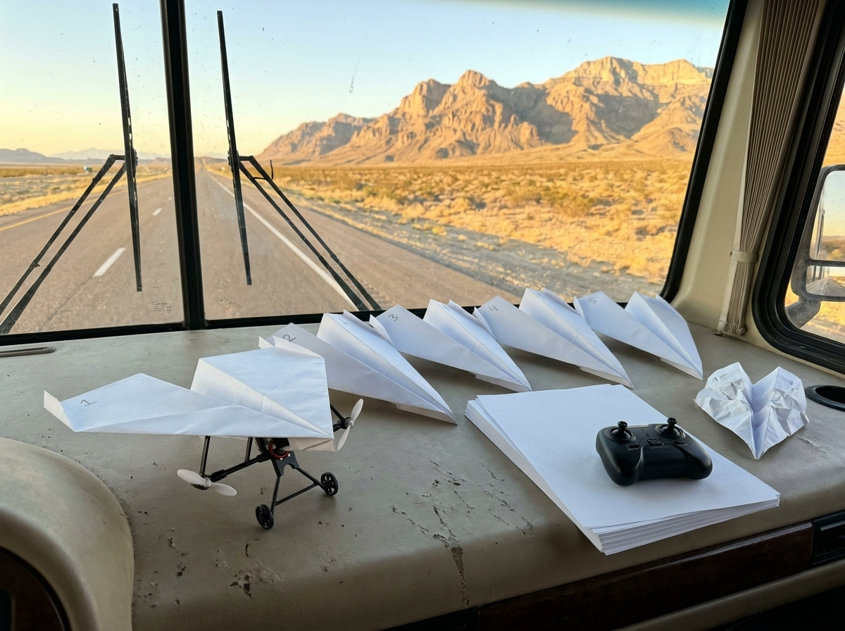 Five numbered paper planes lined up on the motorhome dashboard beside a stack of paper, the remote and one crashed plane