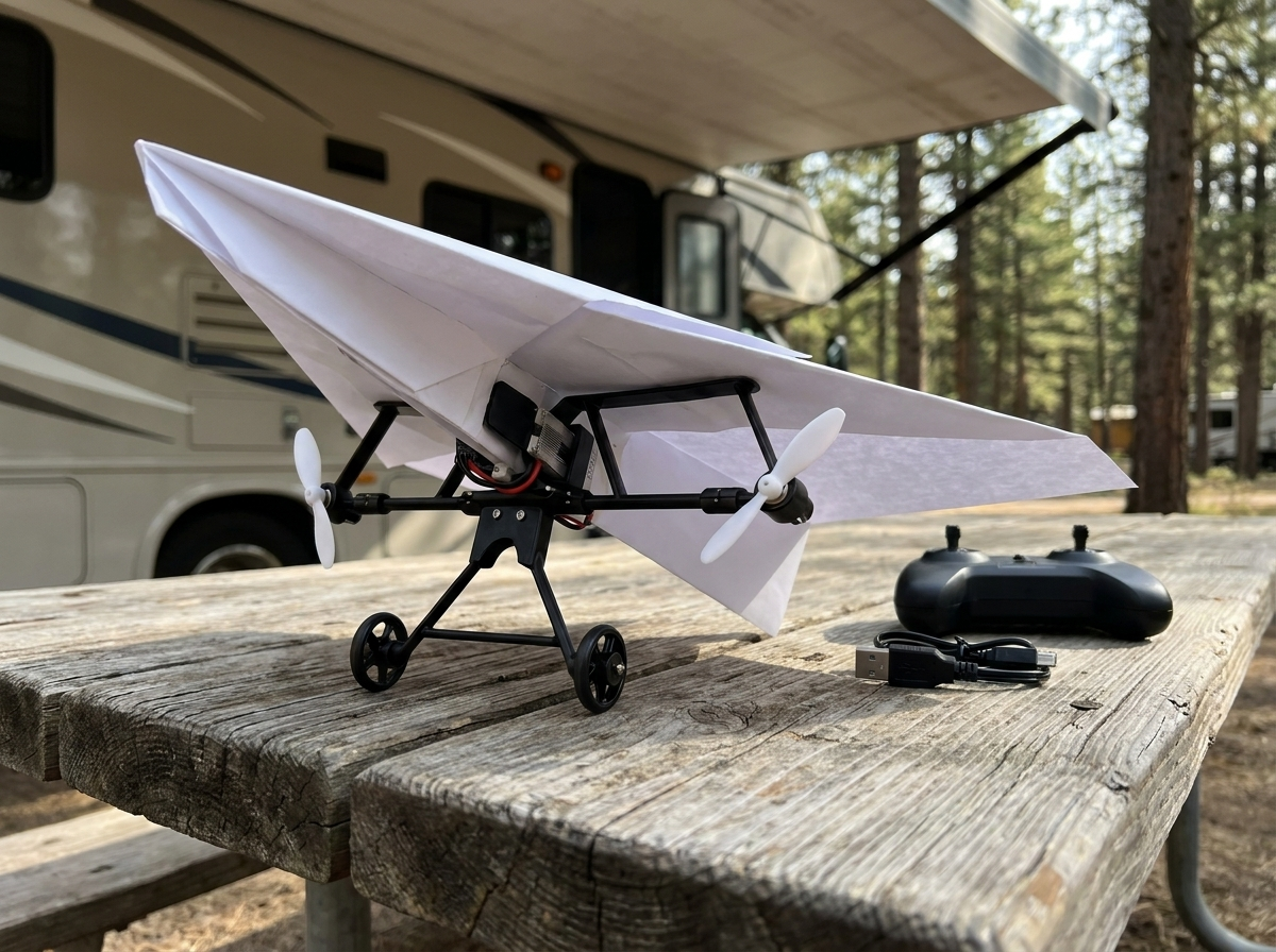 Close-up of the power module and landing gear on a campground picnic table