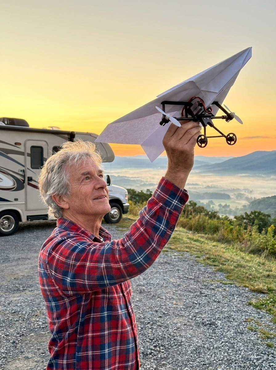 A man in his sixties at a mountain overlook beside his motorhome, holding the plane up to launch it