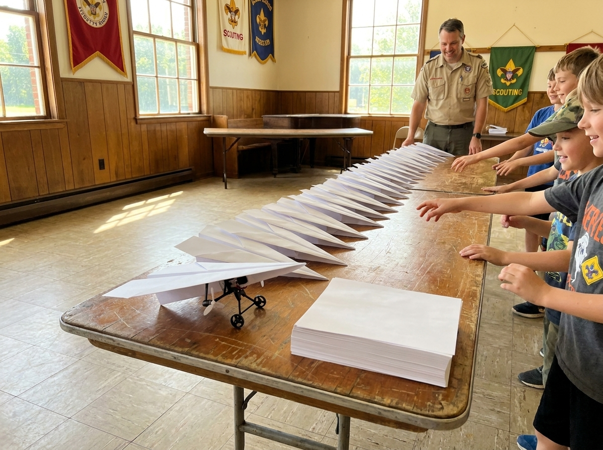 A meeting-room table with twelve folded paper planes, a stack of printer paper, and one module clipped onto the front plane