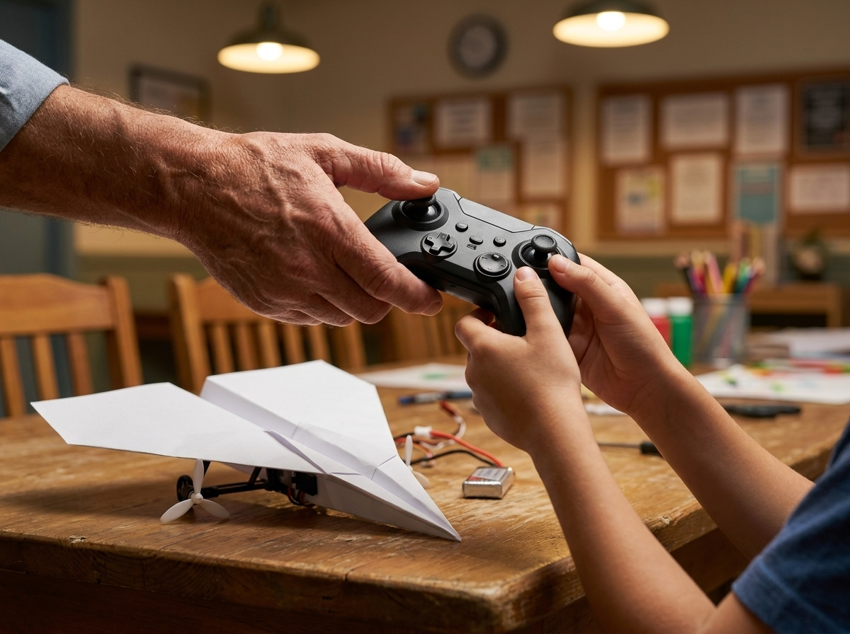 A group leader handing the two-stick remote controller to a kid, the plane on the table behind them