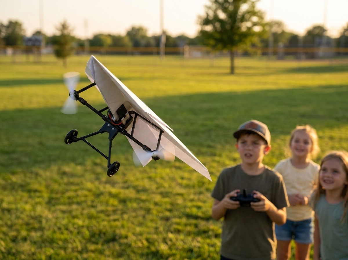 The plane banking in a turn over a ball field while a ten-year-old steers with the two-stick remote