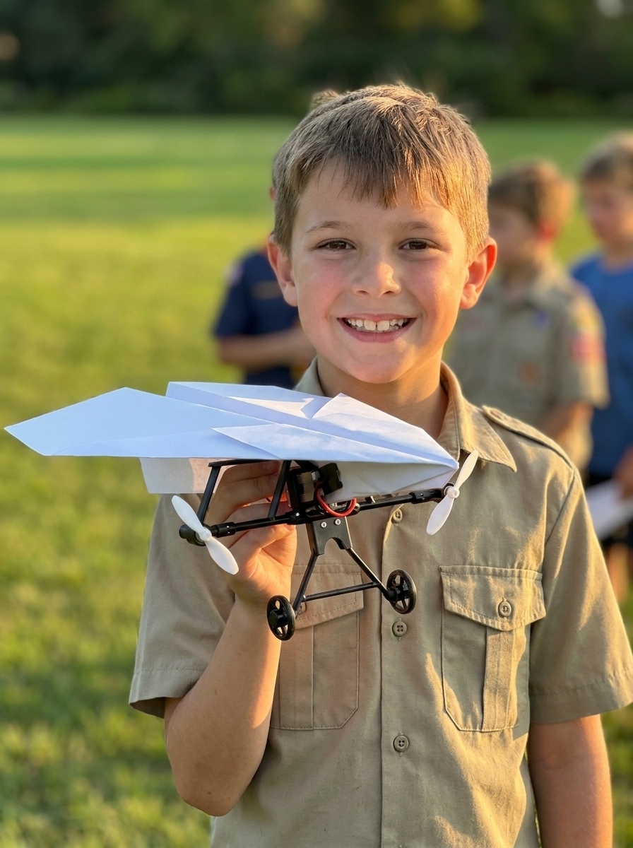 A ten-year-old holding up a folded plane with the module clipped under the nose
