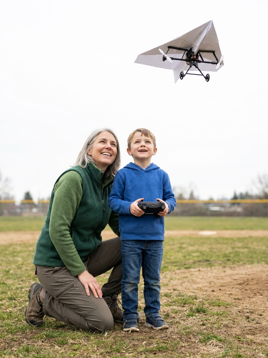 A leader kneeling beside a kid on the ball field, both watching the plane